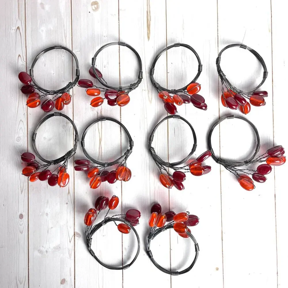 Set of 10 Wrapped Wire Napkin Rings Amber & Red Glass Beads Holiday Tablescape